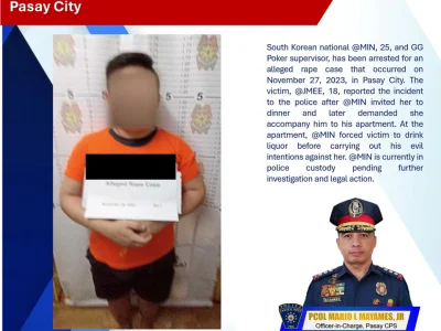 韩国男子涉嫌在Pasay City强奸菲律宾女性被捕