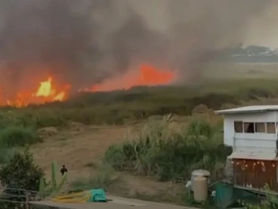 老挝万象湄公河岸草地突发大火，现场浓烟滚滚