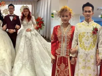 羡煞旁人！大马华裔男子同时娶两个老婆 ，三人行婚宴照曝光！