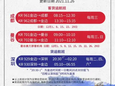 柬埔寨航空12月中国航线航班计划