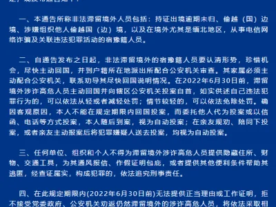 关于敦促江苏省宿豫籍非法滞留境外人员主动回国投案自首的通告