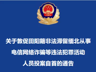 关于敦促百色田阳籍非法滞留缅北从事电信网络诈骗等违法犯罪活动人员投案自首的通告